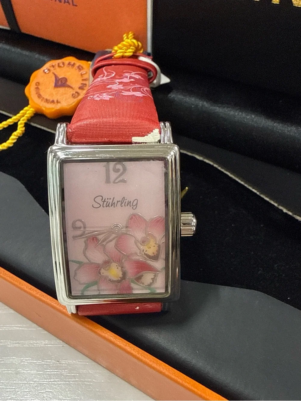 Stuhrling Original Pink Floral Leather-Strap Women's Watch